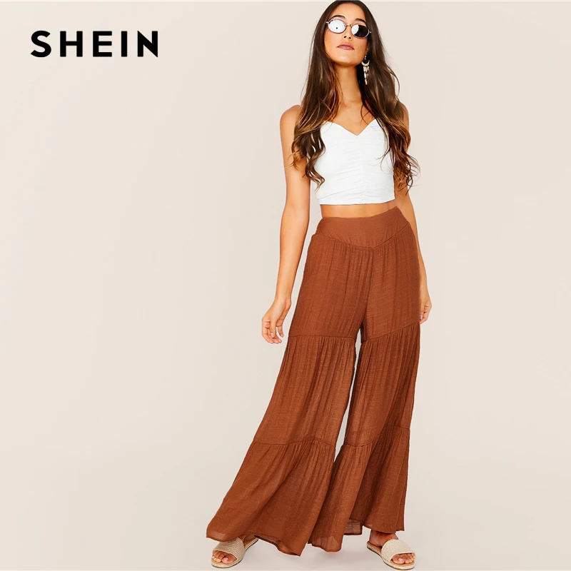 SHEIN коричневые с высокой талией Многослойные Гофрированные Брюки Палаццо осень Boho для женщин, с эластичным поясом Shirred широкие брюки