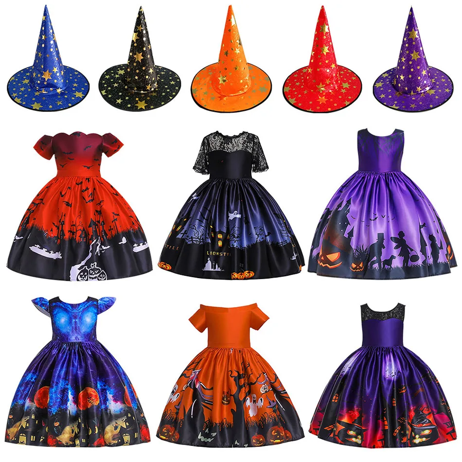 

Girls Halloween Witch Cosplay Costumes with Hat Children Canival Party Dark Ghost Pattern Knee Length Lace Sleeve Dresses Kids