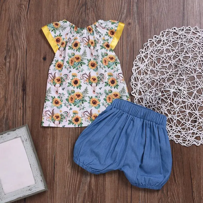 

Summer Children Baby Girls Casual Clothes Set Sunflower Pattern Short Sleeve Tops Vest+High Waist Shorts Suits Costume Set