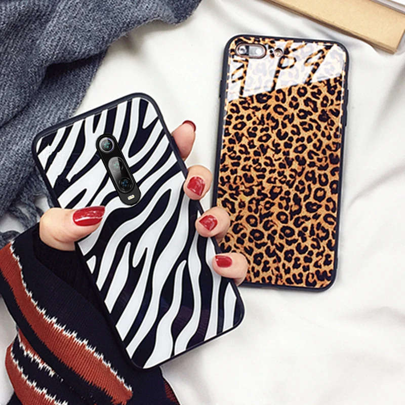 

Tempered Glass Case For Oneplus 7 Pro 6 case slim Luxury zebra Leopard Print Hard Cover For Oneplus 7T one plus 6 Phone Casing