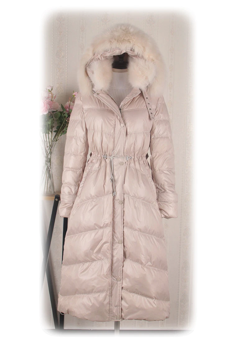 Элегантное плотное бежевое длинное женское теплое пальто на утином пуху, Модная парка, женская зимняя куртка, облегающие Женские куртки уникального стиля