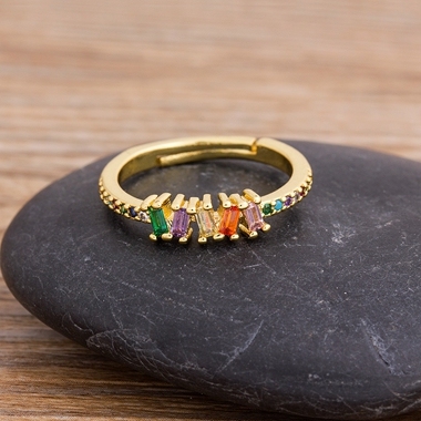 Fashion 12 Styles Multi-layer Wide Rainbow Crystal Rings for Women Adjustable Copper CZ Opening Geometric Ring Jewelry