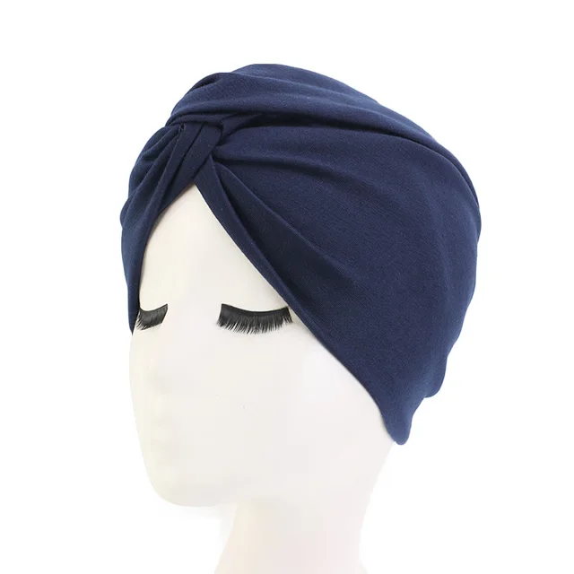 New Muslim Women Pearl Beading Elastic Turban Hat Cancer Cap Head Wrap cotton twist Chemo Cap Beanie Hijab Caps Headwear navy blue