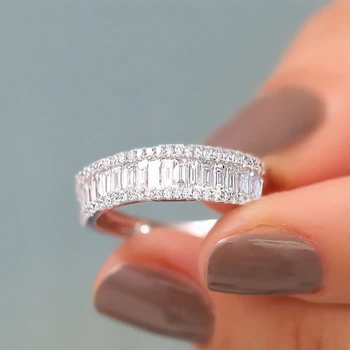 

Baguette Cubic Zirconia Anniversary Ring Half Eternity Baguette and Round Brilliant Micro Pave Wedding Cocktail Rings