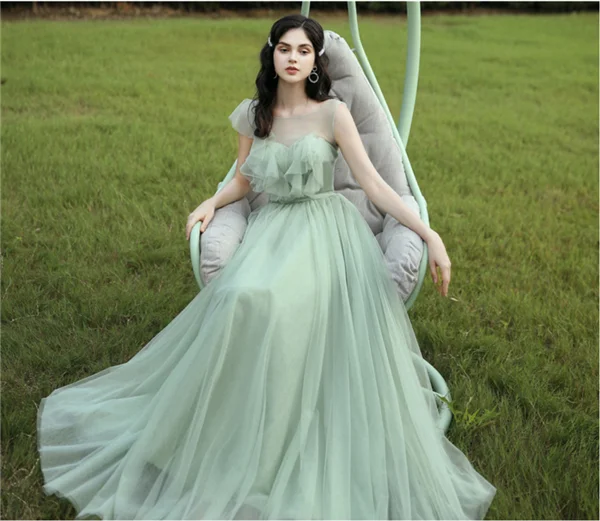 A Vestidos De Festa New Elegant Green Bridesmaid Dresses Tulle Sleeves Ruffles Vestidos Verdes Formal Long Party Gown Real Price - Color: A