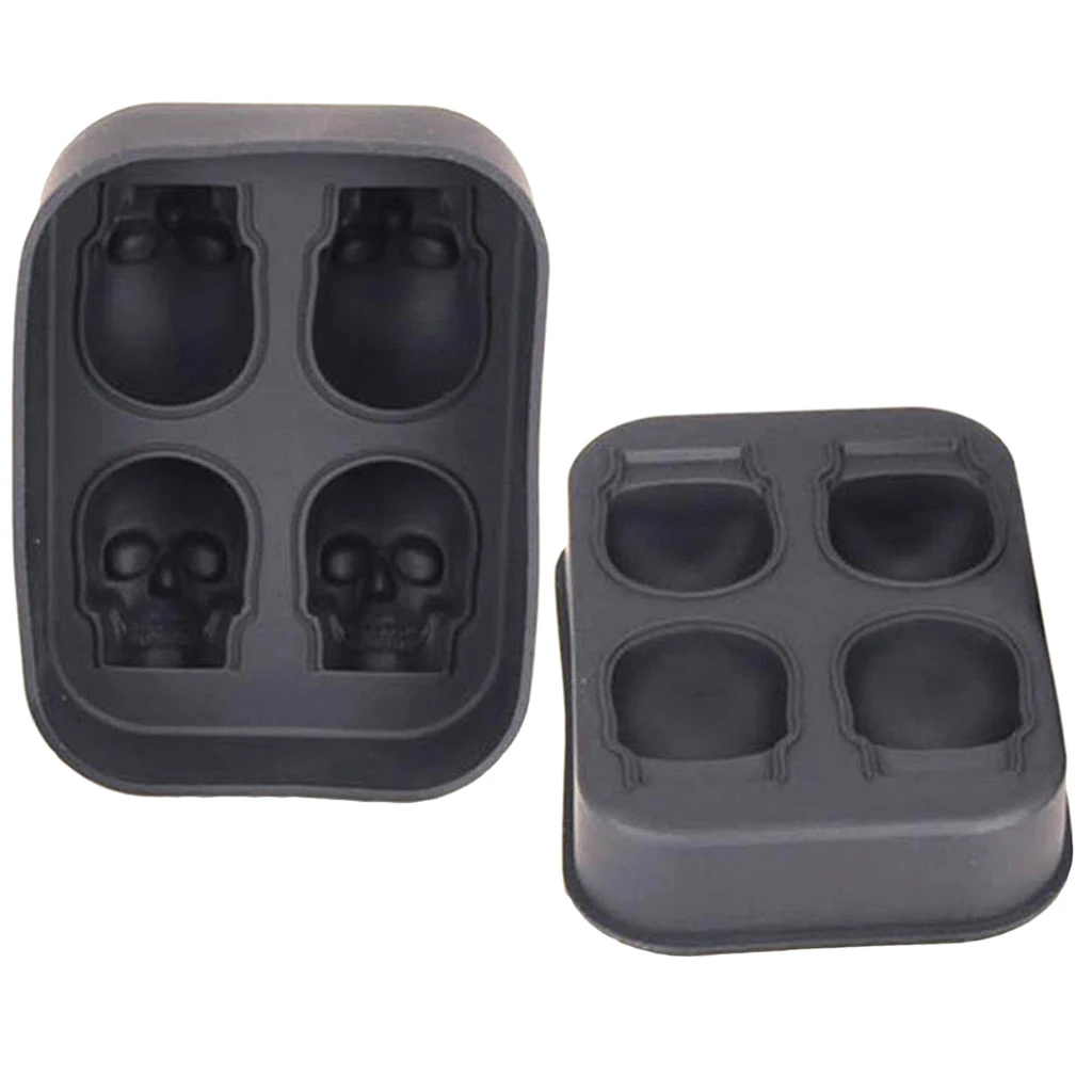 3D Skull Flexible Silicone Ice Cube Mold Tray Makes 4 Giant Skulls Round Ice Cube Maker Black