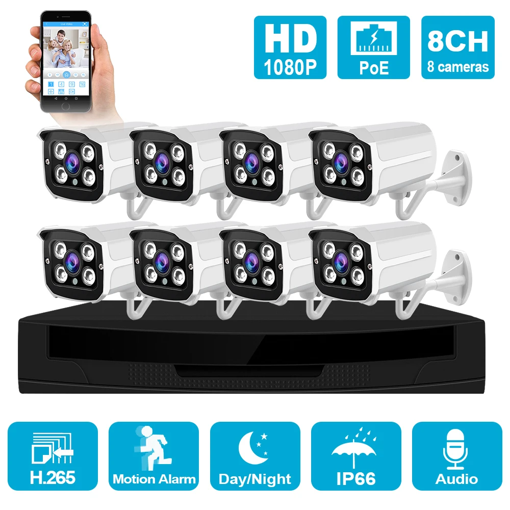 8CH POE H.265 8CH POE Комплект системы безопасности Открытый 1080P водонепроницаемый NVR P2P IP Cam HDD Onvif CCTV; аудио камера видеонаблюдения - Цвет: 8CH POE