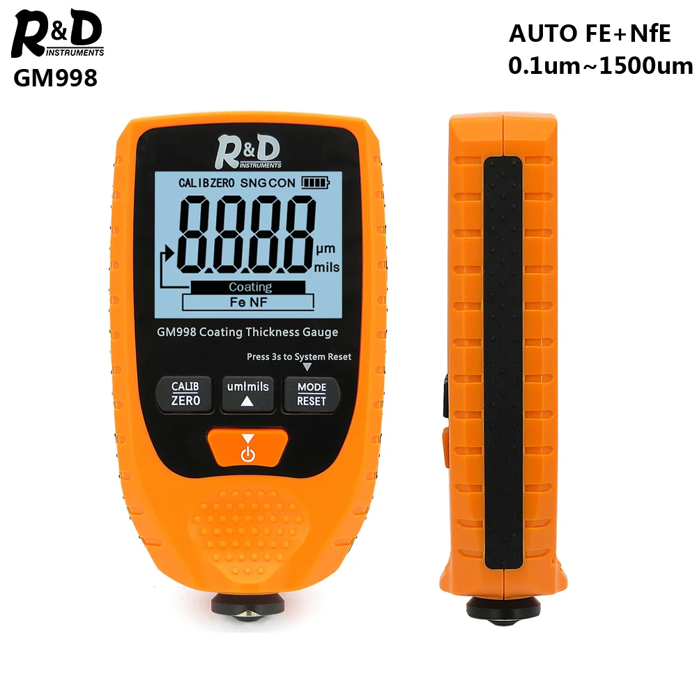 Orange R& D GM998 толщиномер покрытия автомобиля краски из металла с гальваническим покрытием толщиномер тестер метр 0-1500um Fe& NFe зонд - Цвет: Orange