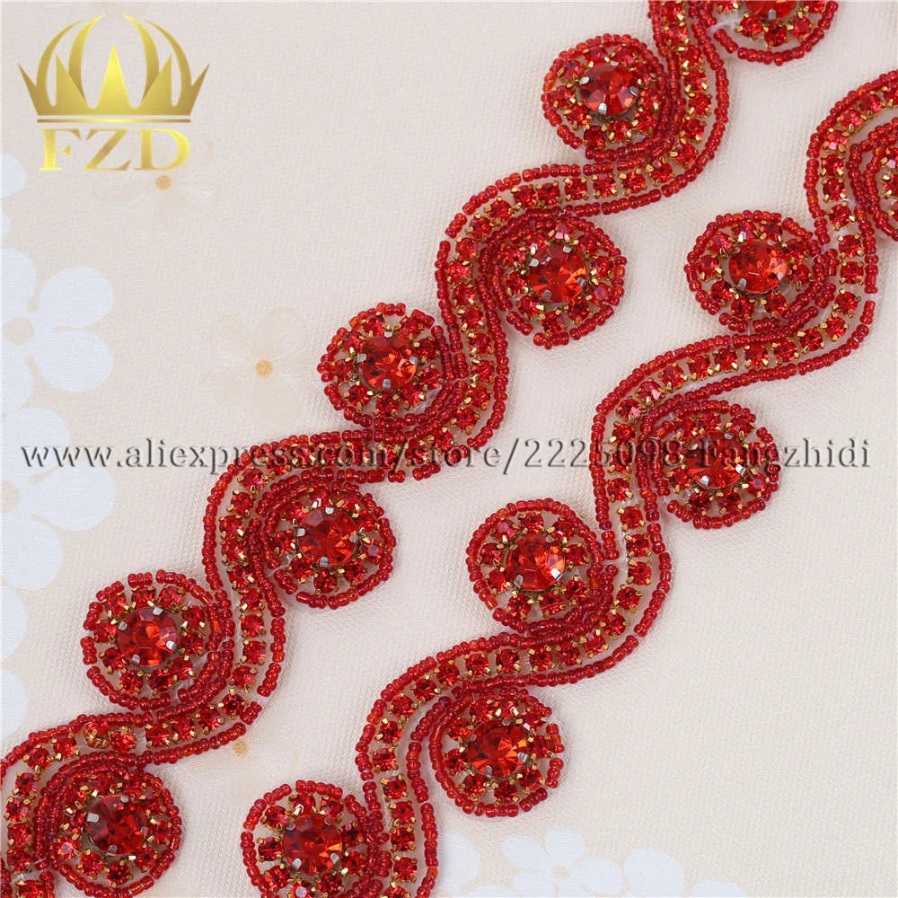 FZD (10yards) Wholesale Sewing On Hot Fix Red Beaded Rhinestone Applique and Trimming Bridal Dresses or Sash Belt for Clothing | Дом и сад
