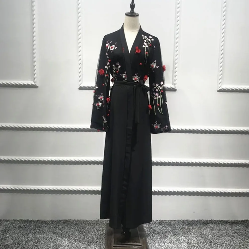 Мусульманская вышивка abaya 3D Цветочный Макси платье кардиган длинные халаты Туника кимоно Рамадан Турция Исламская одежда поклонение службы