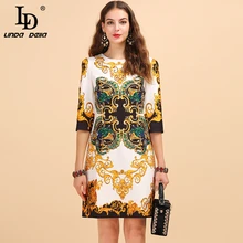 LD Linda della осень модные подиумные платья Для Женщин Половина рукава Великолепные женские принтованные винтажные Бисер свободные Винтаж платье