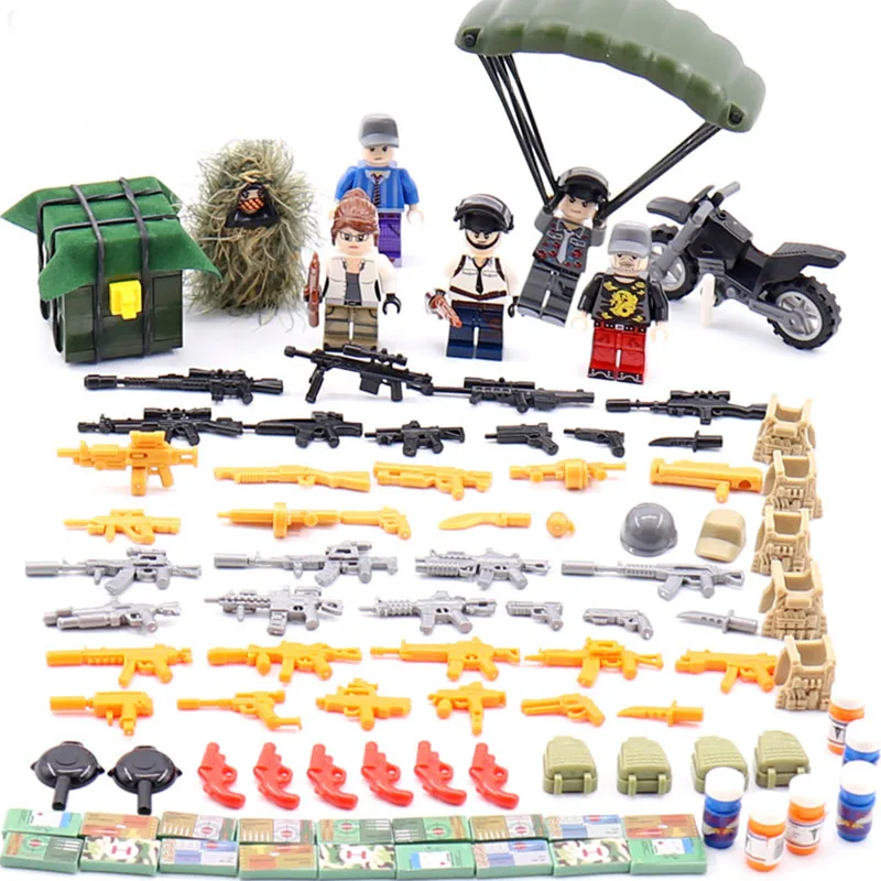  6Pcs Legoinglys PUBG Military Figures with Weapons block Swat battleground FPS Game Building Brick 