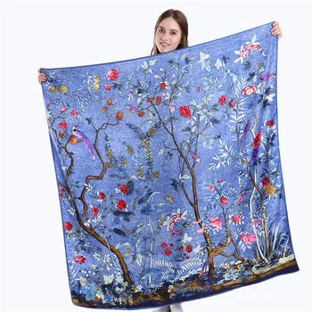 

2020 New Women Flowers and Birds Bush Printing 130cm Silk Big Square Scarf Women's Luxury Shawl Scarf High Grade Gift Silk Scarf