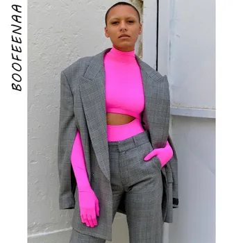 

BOOFEENAA Cut Out High Neck Long Sleeve Bodysuit with Gloves Sexy Women Rave Clothes Neon Pink Black Body Mujer C67-AZ61