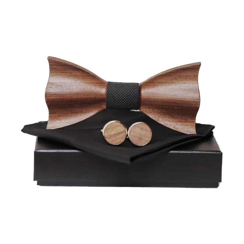  1920s Mens 3D Wooden Bowtie Pocket Square Cufflinks Set Brown Black Jacquard Handkerchief Bow Tie S