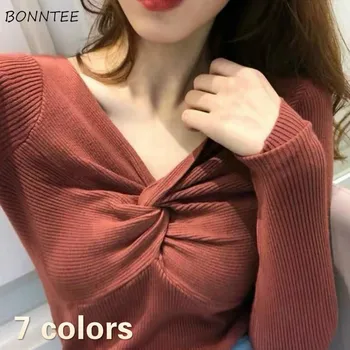 

Pullovers Women V-neck Long Sleeve Knitting Candy Color Bodycon Basic Korean Style Solid Simple Spring New Arrival Casual Womens