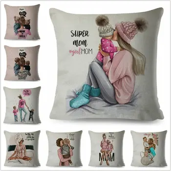 

Fashion Cute Cartoon Super Mama Cushion Cover Linen Decor Mom Baby Pillow Case