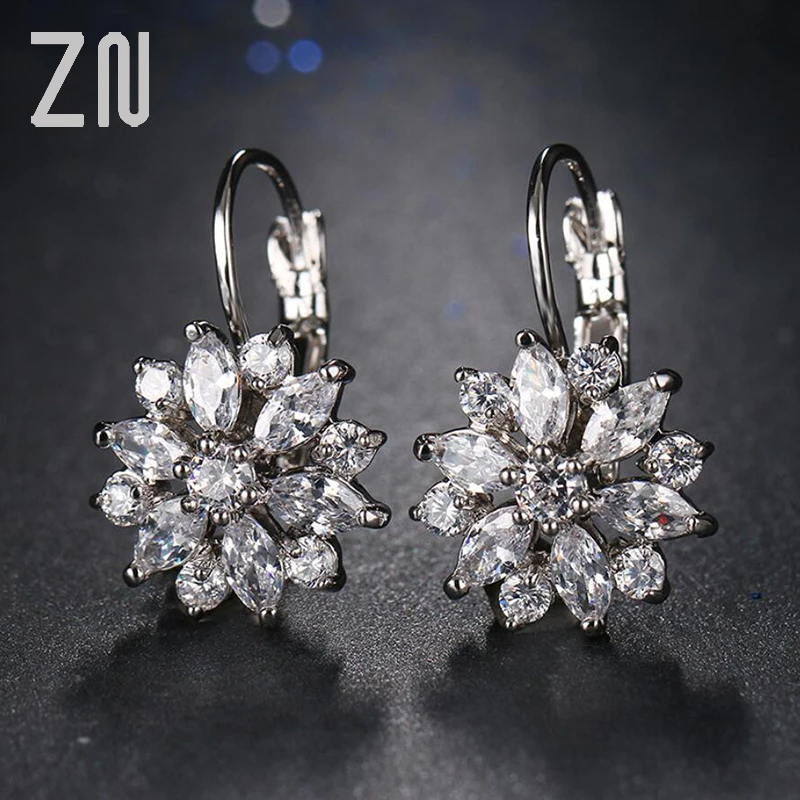 

ZN Top quality Rose Gold Color Hoop Earrings Flower Cluster Clear Crystal Zirconia Earrings For Women Jewelry Brincos