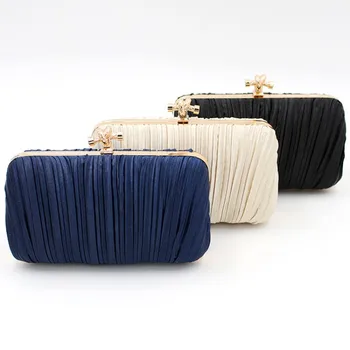 

2020 New Fashion Satin Party Bag Black Navy Blue Champagne Ruched Pleated Evening Clutch Handbags