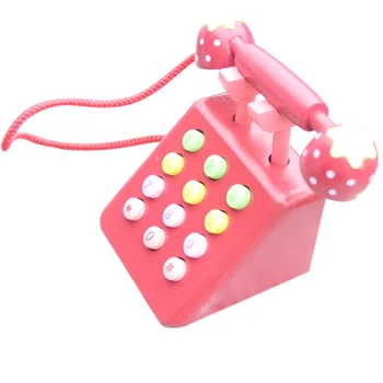 

RISE-Girl Toys Phone Strawberry Simulation Pink Telephone Furniture Wooden Toys Child Educational Birthday Gift