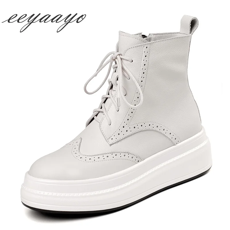 

2019 New Winter Genuine Leather Women Ankle Boots Round Toe Lace-Up Solid Causal Women Platform Shoes Beige Female Short Boots