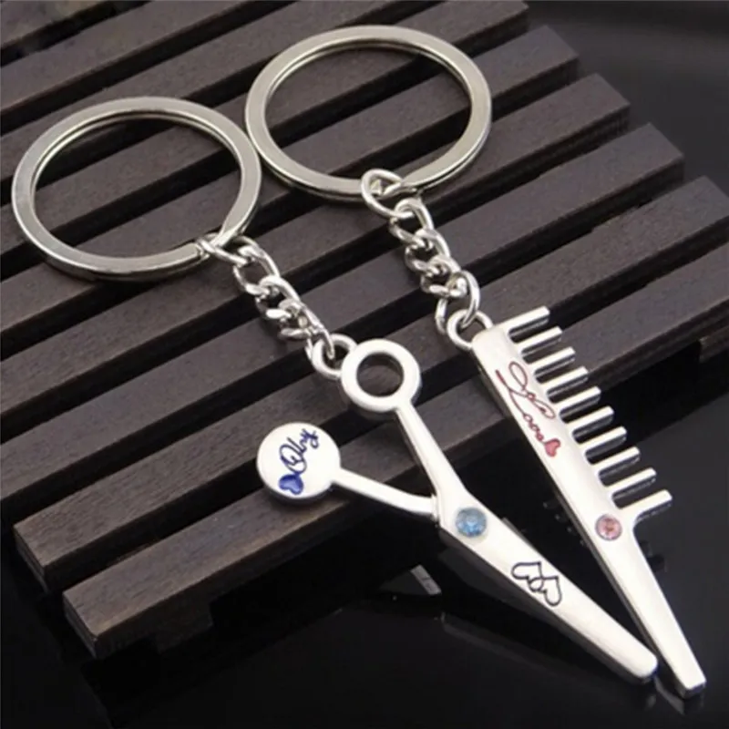 1Pair Car Couple Key Chain couple comb hat Scissor Comb Scissor Inlay Rhinestone Keychains Bag Key Holder Car Styling