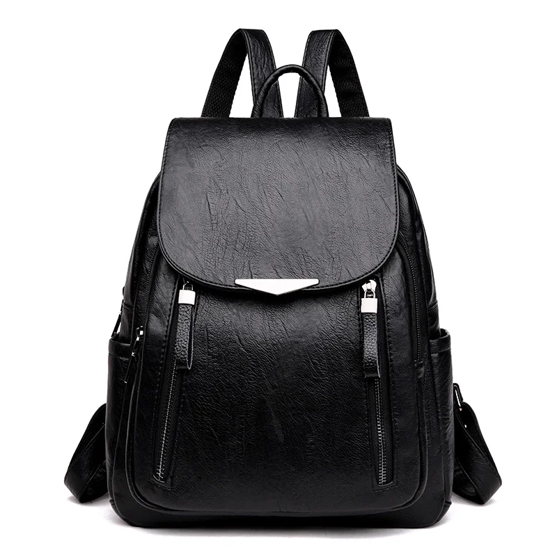 Женский кожаный рюкзак, женский рюкзак, винтажный школьный рюкзак для девочек-подростков, рюкзак для путешествий, Mochila Feminina - Цвет: Black