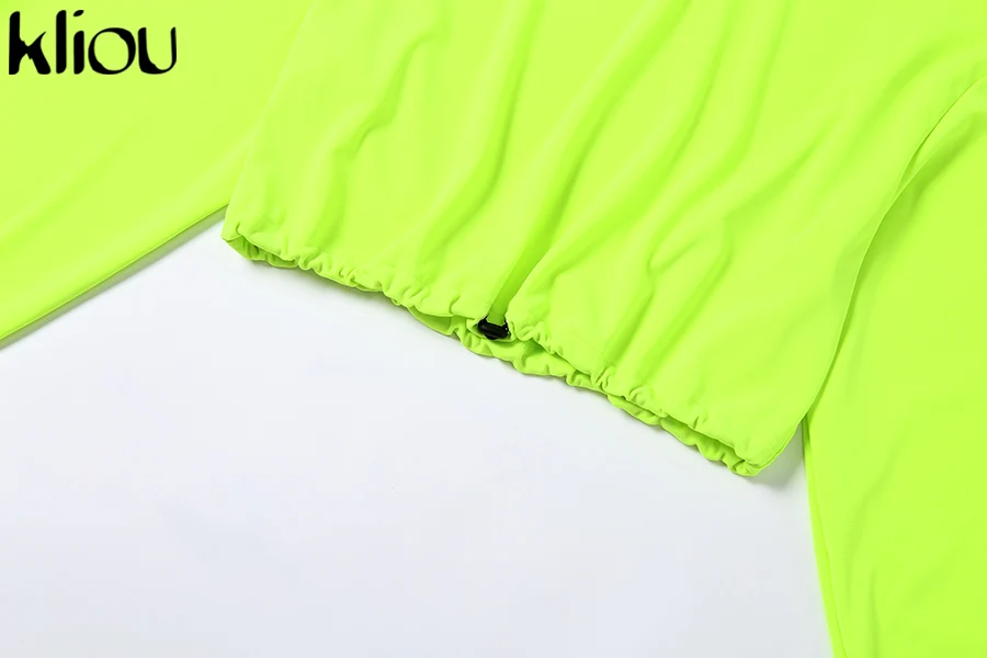 Kliou неоновые зеленые толстовки с круглым вырезом и длинным рукавом, укороченный топ на шнурке, толстовки на осень и зиму, новая уличная одежда, однотонные Свободные толстовки
