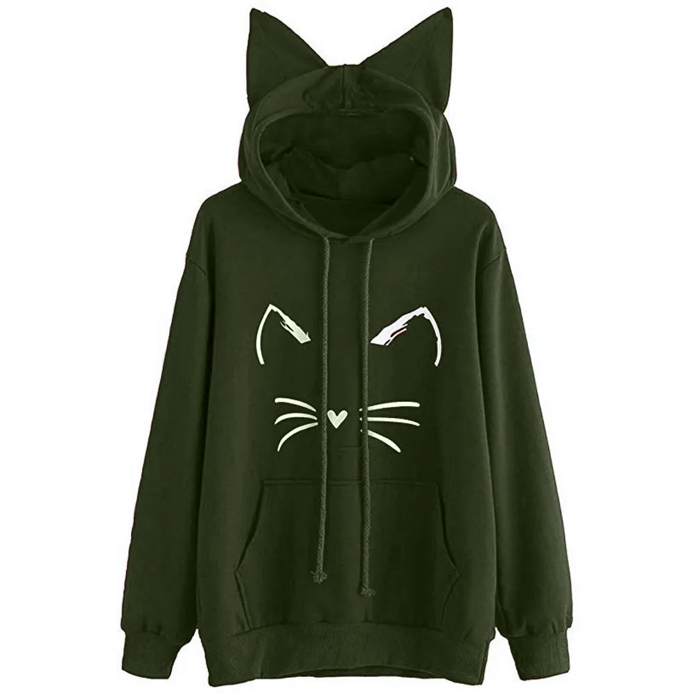 Kawaii письмо Кепка с кошачьими ушками толстовки для женщин я Кот печати Свободные толстовки, ходи милые пуловеры с длинными рукавами mujer