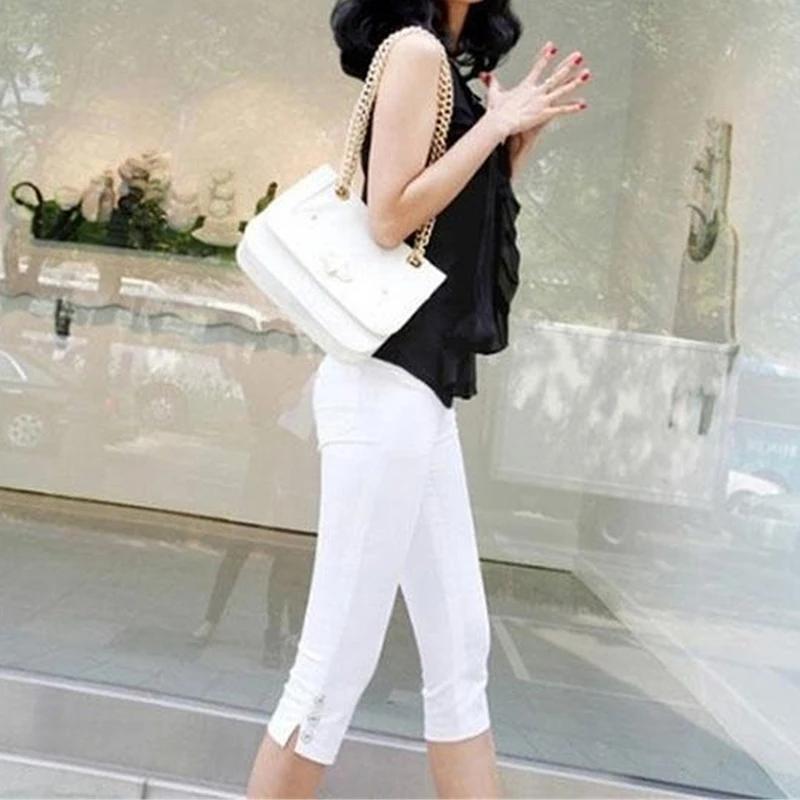 Gran oferta de las mujeres de talla grande S-XXXXL verano Delgado Color caramelo, cintura elástico polainas Capris de moda Pantalones de lápiz, los cultivos para mujer