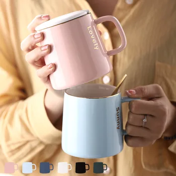 

Concise Northern Europe Ins Pure Color Ceramics Glass Coffee Mugs Bring Cover Spoon Household Drink Cold Water Coffee Cup Gift