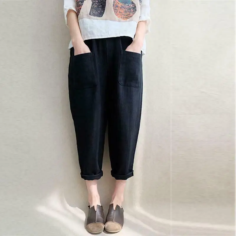 

New Women Casual Solid Loose High Waist Long Pants Lady Cotton Linen Pockets Elastic Straight Pants Plus Size