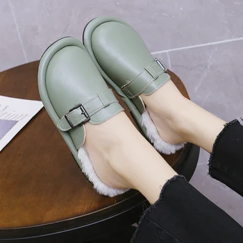 

2019 Waterproof Women's Outdoor Fur Slides with Warm Plush Inside Fashion Woman Mules Shoes Half Flat Winter Female Slippers