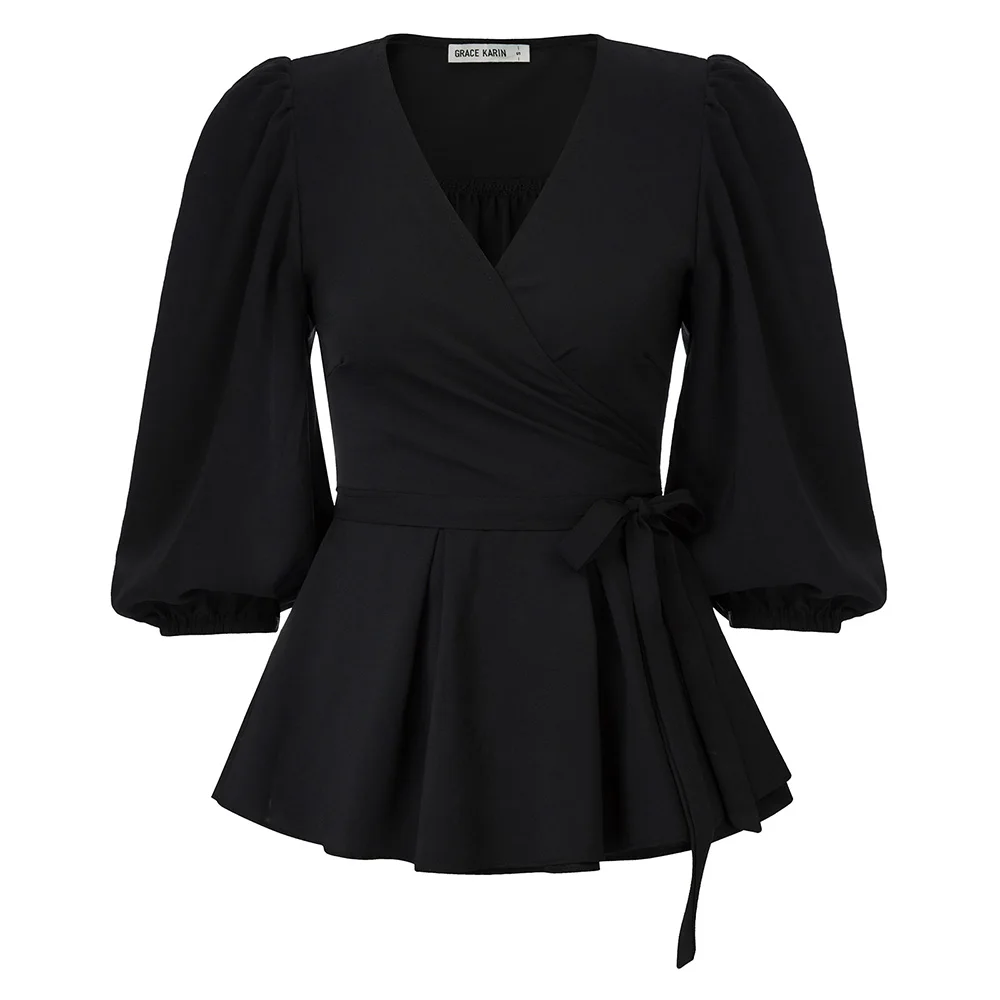 

GK Women Shirts Wrap Front Tops 3/4 Puff Sleeves Surplice V-Neck Peplum Hem Slim Waist Sexy Casual Ladies Shirts Summer Tops