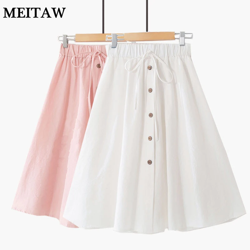 

2019 Spring Summer Women Solid Skirts Vintage Lace-up Button High Waist A-Line Skirts Female Harajuku Office Skirt