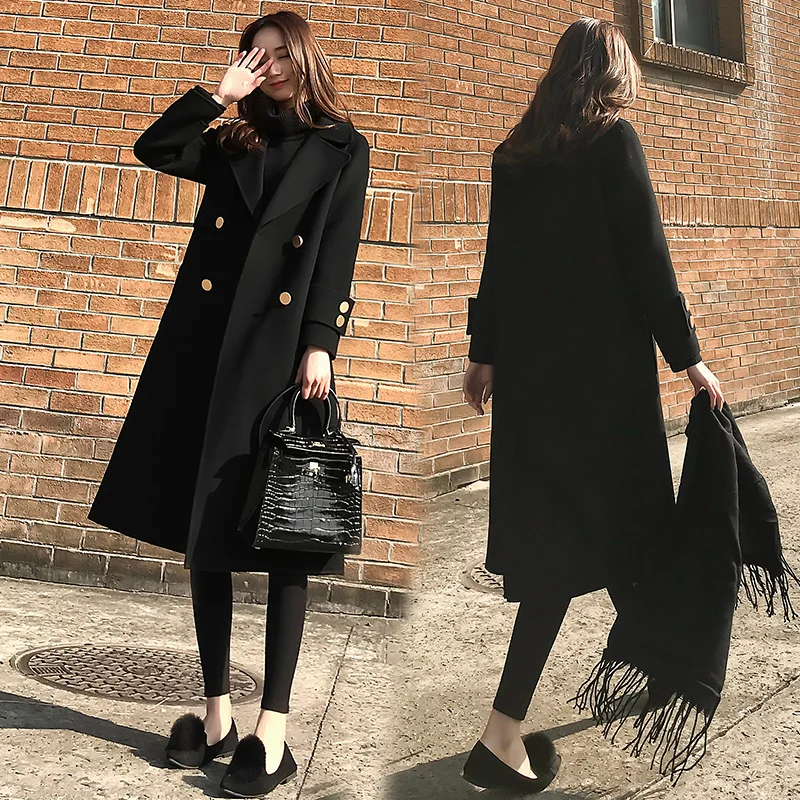 

2019 Winter New Korean Version Loose Black Woolen Coat Women's Medium-length Double Breasted Wool Jacket Outwear