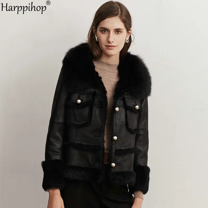 Короткий стиль с длинным рукавом из кроличьей кожи с мехом пальто женское с отворотом из лисьего меха кожаное пальто для женщин - Цвет: black