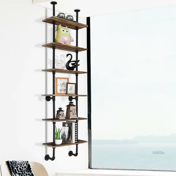 

6-Shelf Rustic Unique Vintage Industrial Pipe Wall Shelf High Quality MDF Board Large Open Space Living Room Storage Shelf