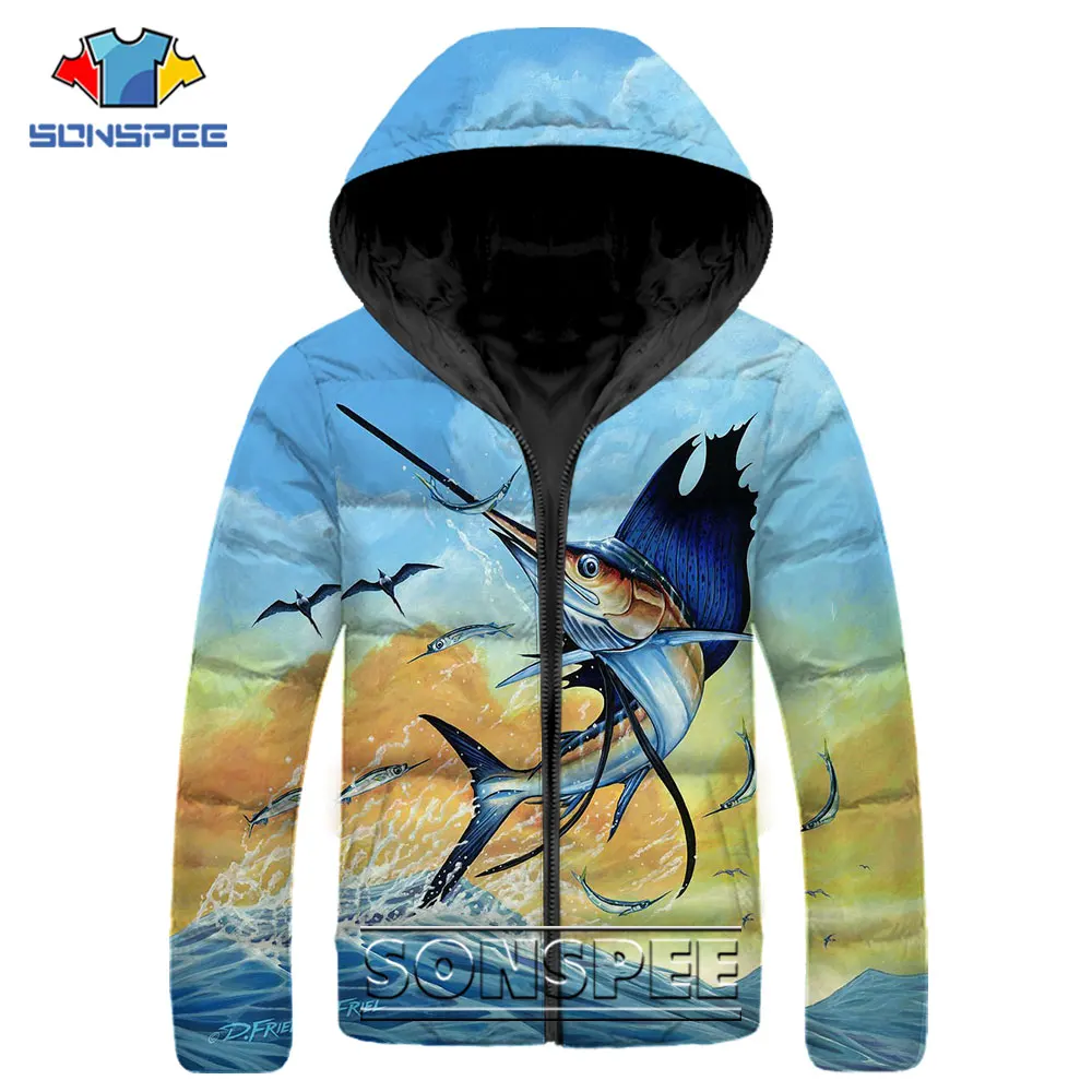 Sailfish Fishing Casual Parkas 3D Print Deep Sea Creatures Coat Winter Men Women Fashion Zipper Hooded Warm Thick Puffer Jacket