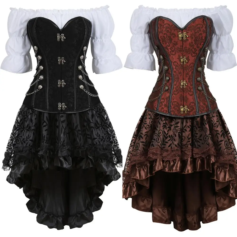

Grebrafan Steampunk Waist Corset 3 Piece Outfits for Women Bustiers Skirt White Blouse Set Pirate Carnival Costumes Party