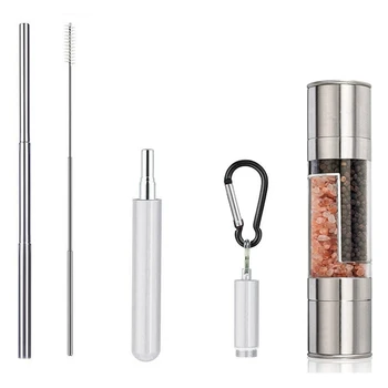 

2 in 1 Salt and Pepper Grinder Set & 1Pack Drinking Straws Reusable Telescopic Stainless Steel Metal Straw Silver