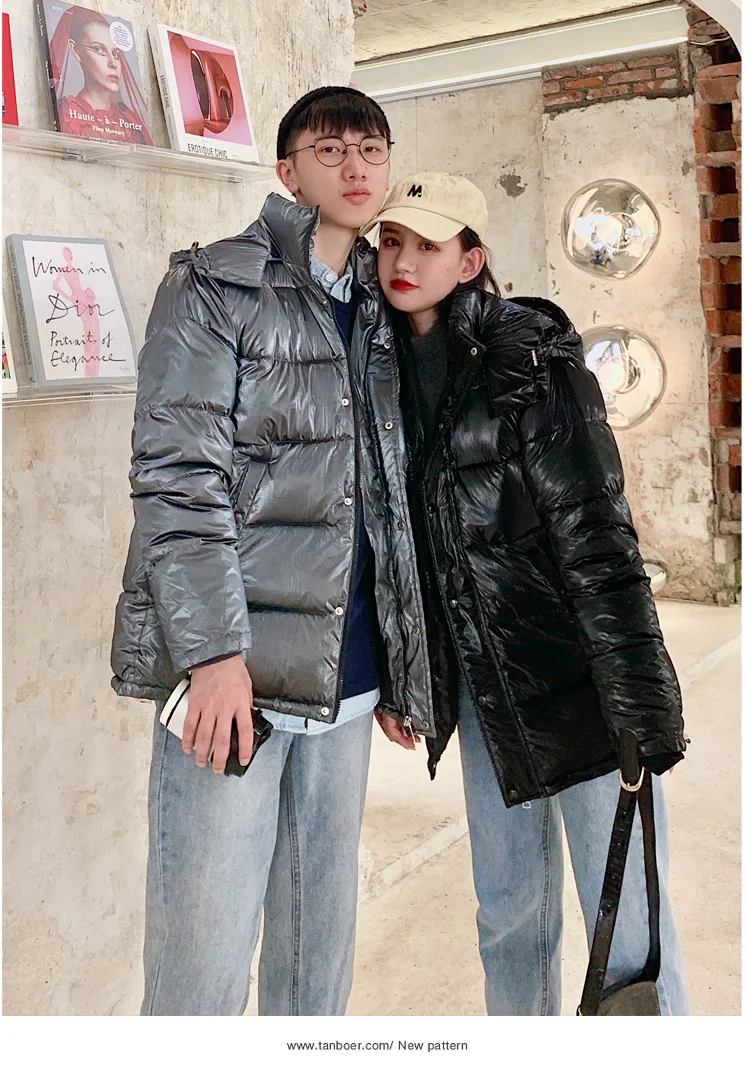 Одежда с хлопковой подкладкой для пар, Зимний стиль, свободный Яркий пуховик с капюшоном, хлопковое пальто A471