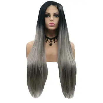 

Sylvia Synthetic Lace Front Wigs Natural Black Ombre Grey Long Silky Straight Heat Resistant Fiber for Women Natural Looking Wig