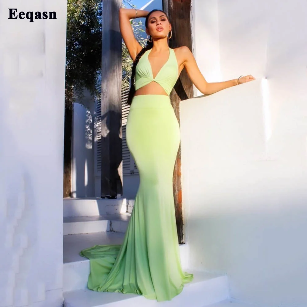 Eeqasn Sage Green 2 Pieces Long Evening Dresses Satin Halter Women Prom Gowns Formal Party Dress 