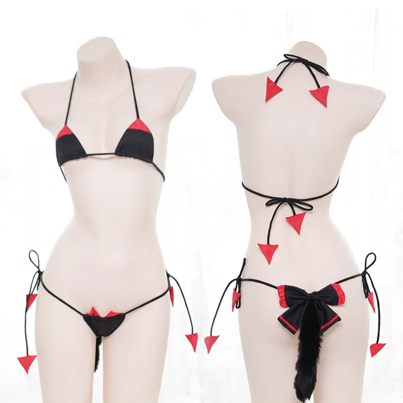 

Sexy Kitty Devil Lingerie Mini Micro G String Bikini 2pc Triangle Top and Thong Minimal Coverage Exotic Dancewear With Tail