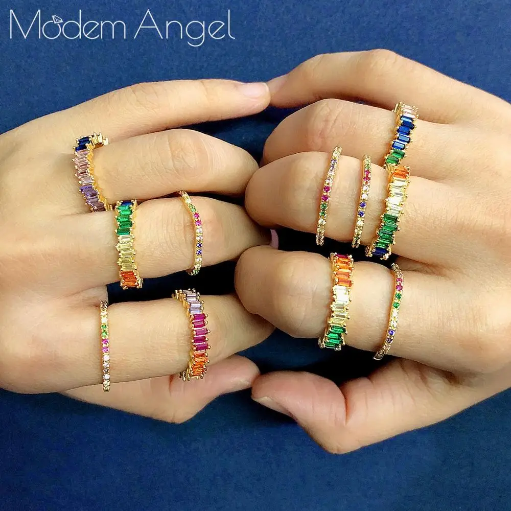 

ModemAngel Geometry Trendy Rainbow Color Luxury Party Rings For Women Wedding Cubic Ziron CZ Wedding Dubai Bridal Finger Ring