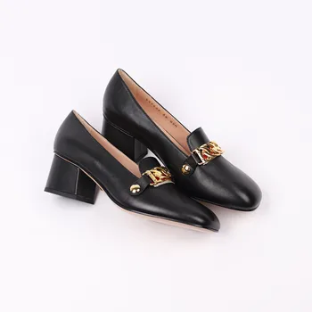 

GC cowhide square root thick heel leather sole advanced classic temperament women's shoes metal decorative buckle soft non-slip.