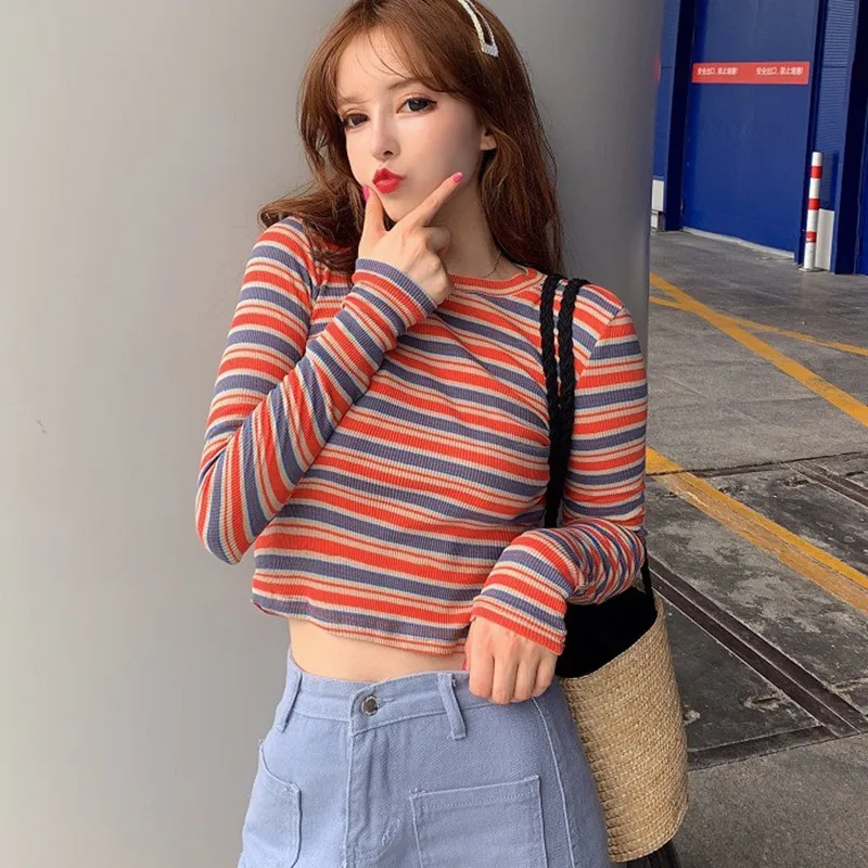 

Women Autumn Winter Stripes Slim Long Sleeved Round Collar Knit Sweater Cool Girl Streetwear Korean Style Pullovers