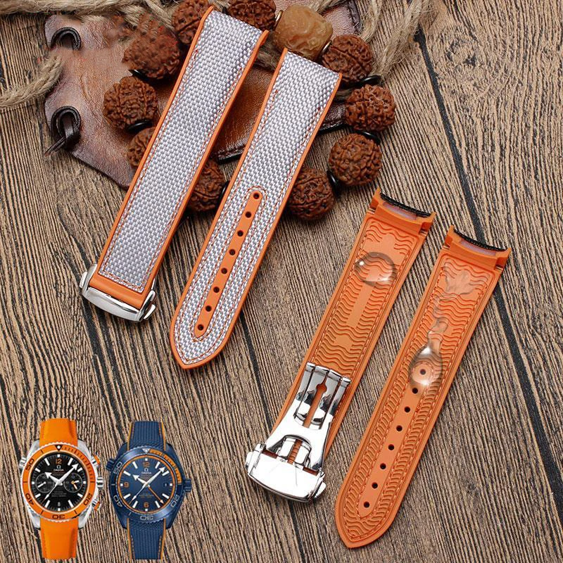 20mm  22mm Rubber Watch Band Fit For Omega Seamaster 300 Planet Ocean 600 Black Canvas Orange Silicone Strap