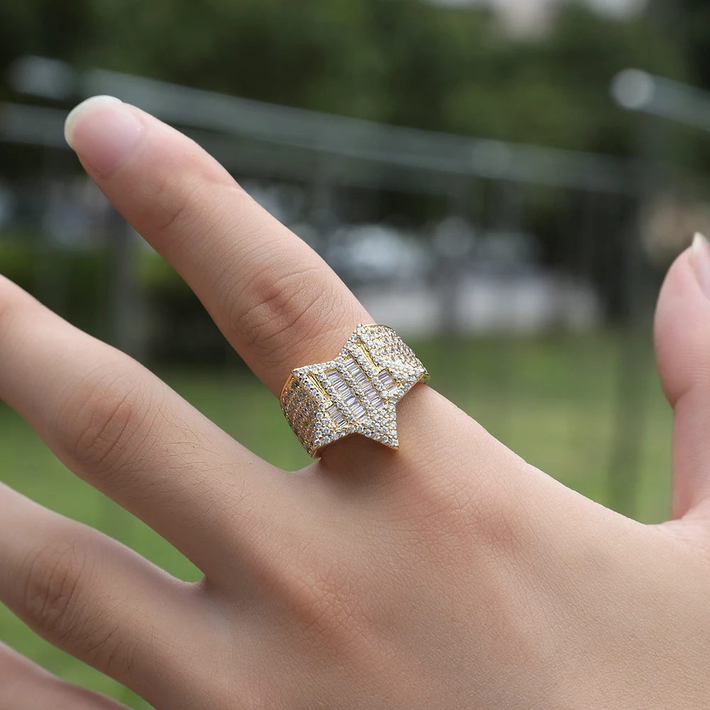 TBTK  Star Rings Full Iced Stripe BaguetteCubic Zirconia Hiphop Ring Jewelry Gift For Men And Women Drop Shipping